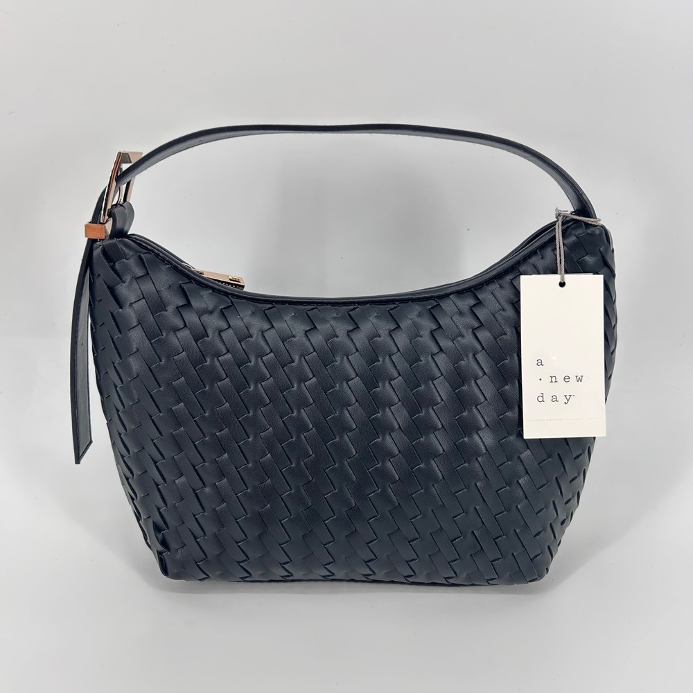 A New Day Black Woven Hobo Shoulder Bag Gold Hardware Adjustable Strap NWT